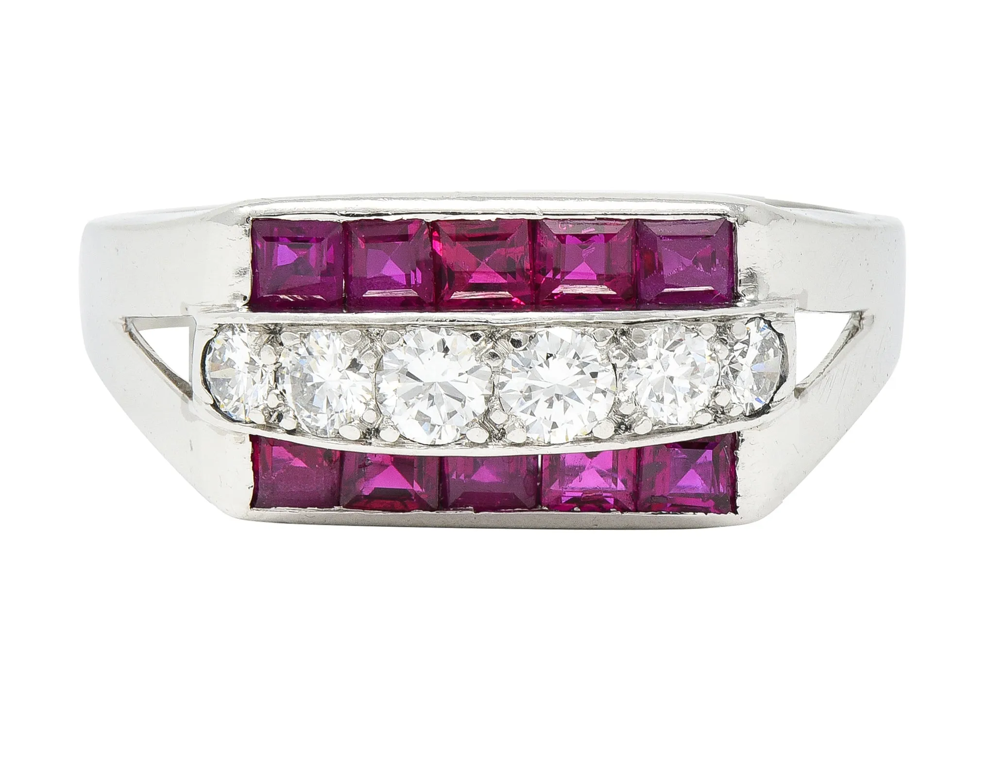 1950's Mid-Century 1.05 CTW Ruby Diamond Platinum Band Ring Published