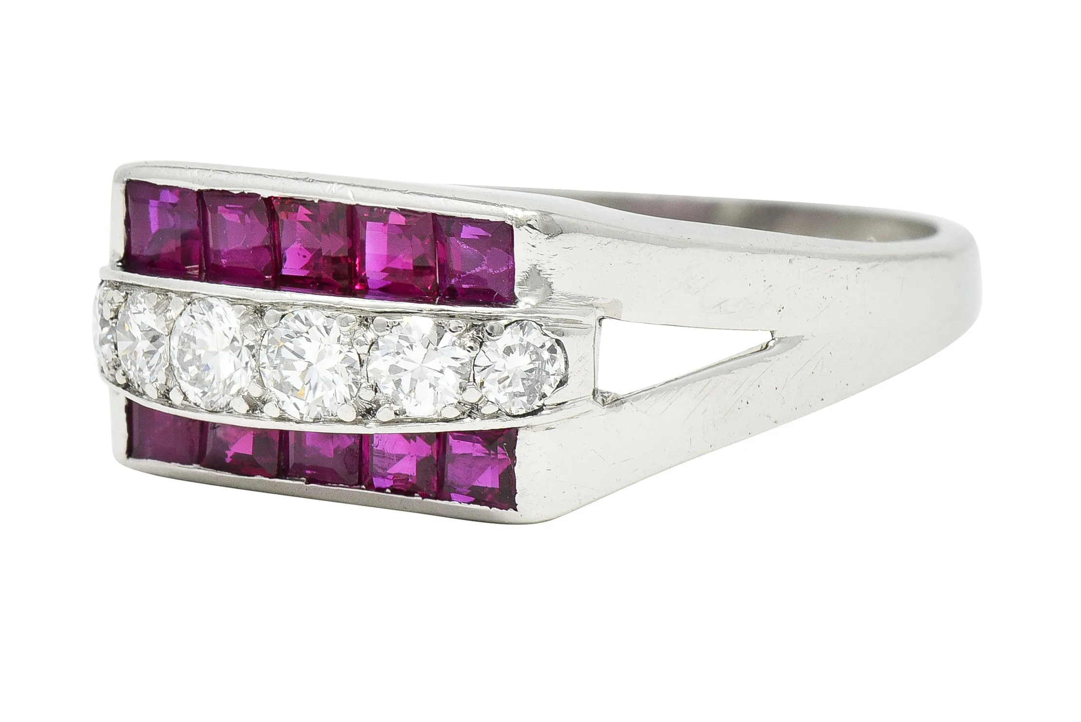 1950's Mid-Century 1.05 CTW Ruby Diamond Platinum Band Ring Published