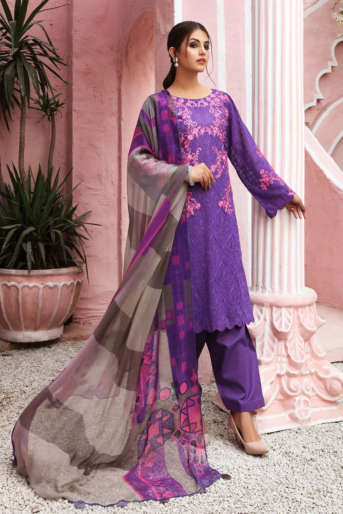 3-piece Unstitched Embroidered Swiss With Chiffon Dupatta CM-07