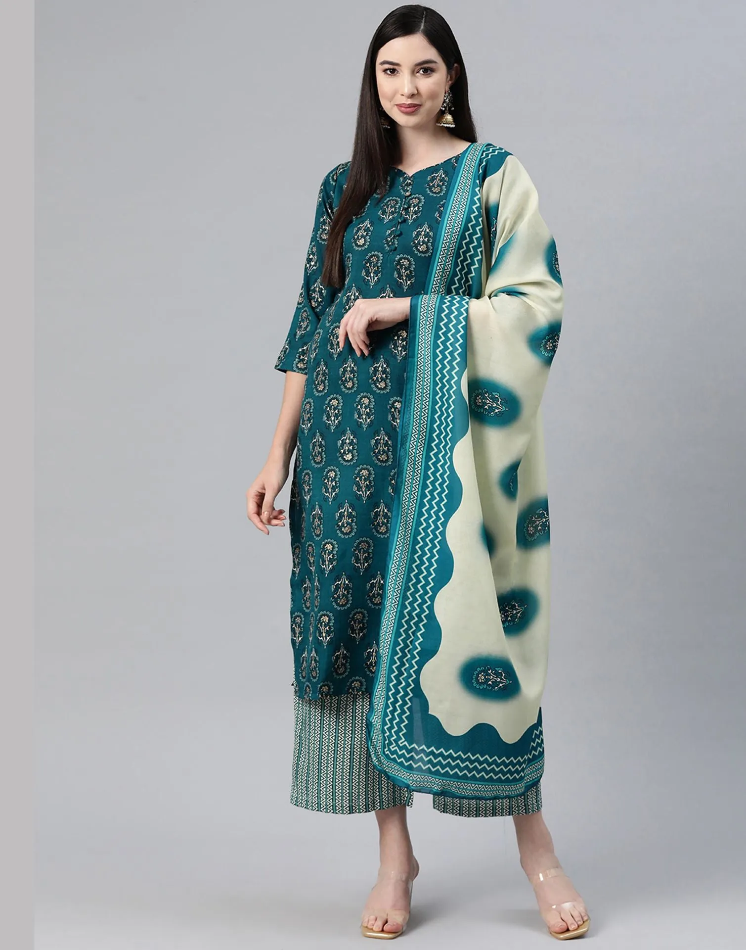 Aqua Blue Cotton Printed Straight Kurti With Pant And Dupatta