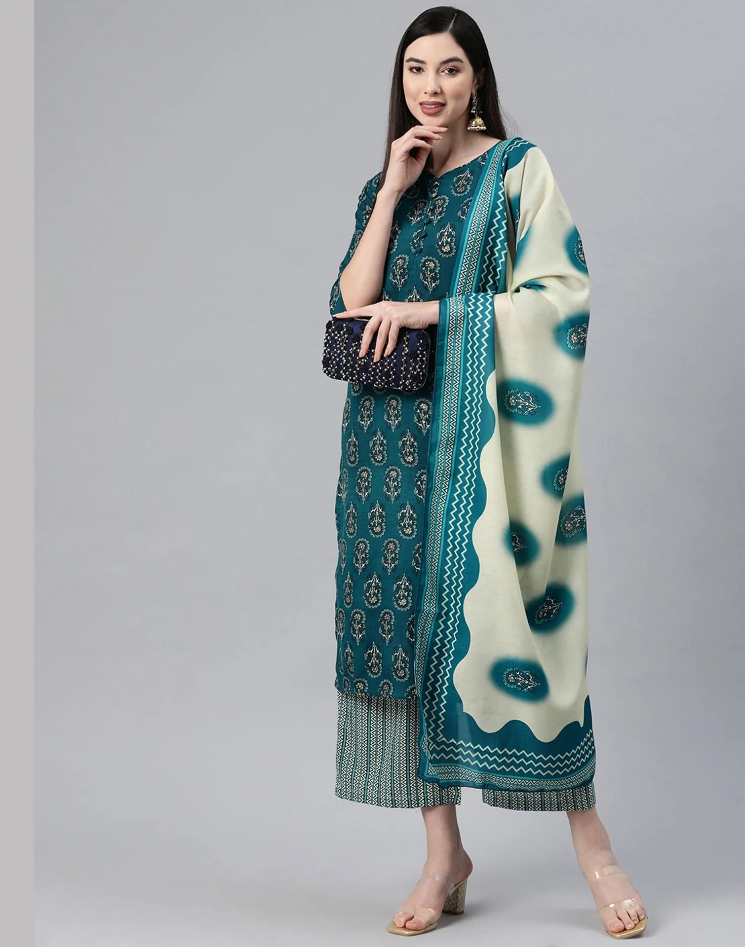 Aqua Blue Cotton Printed Straight Kurti With Pant And Dupatta