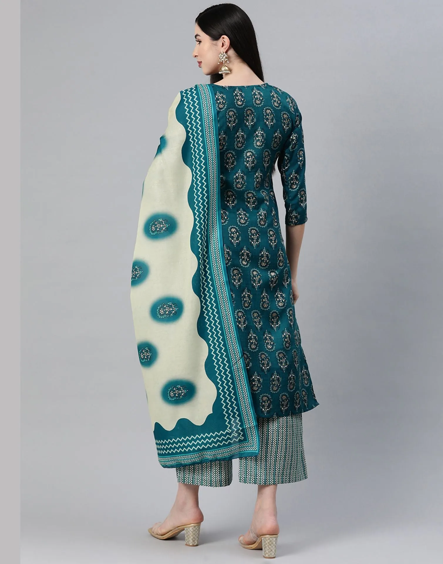 Aqua Blue Cotton Printed Straight Kurti With Pant And Dupatta