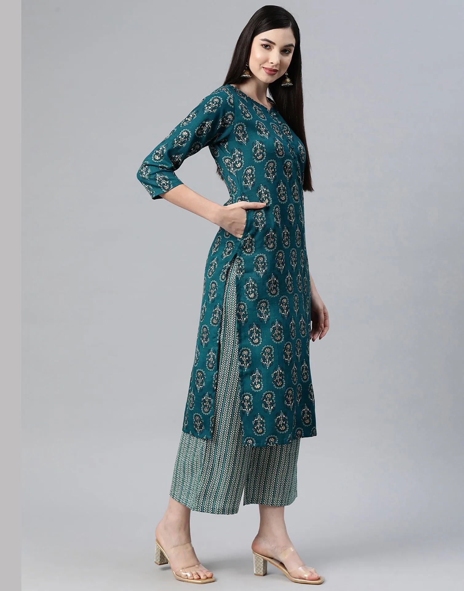 Aqua Blue Cotton Printed Straight Kurti With Pant And Dupatta