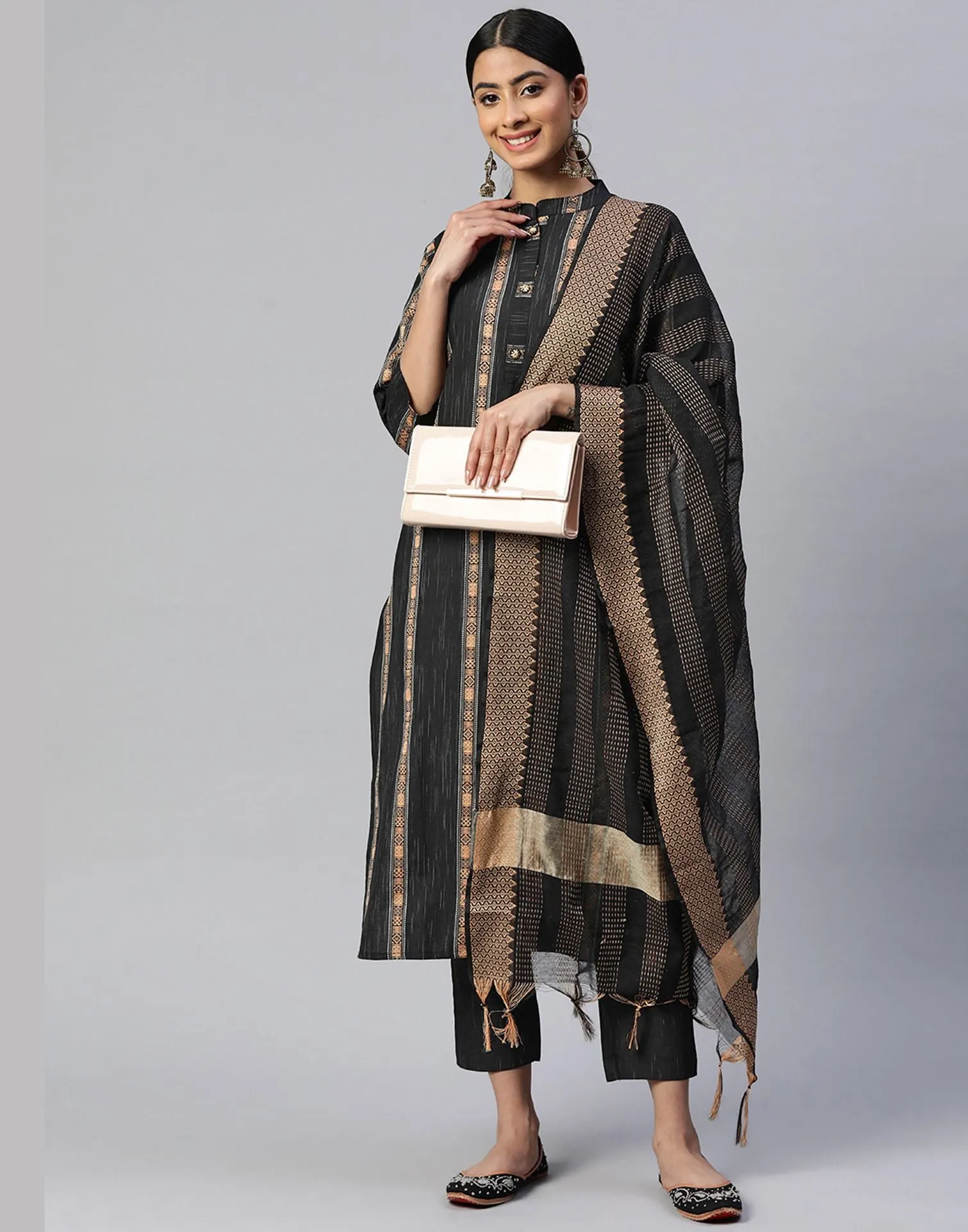 Black Cotton Printed Straight Kurti With Pant And Dupatta