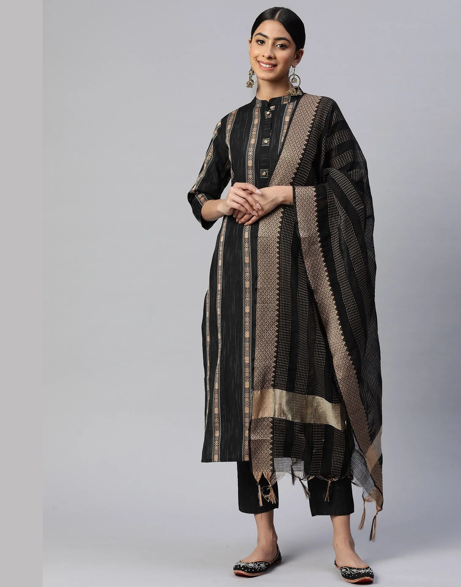 Black Cotton Printed Straight Kurti With Pant And Dupatta