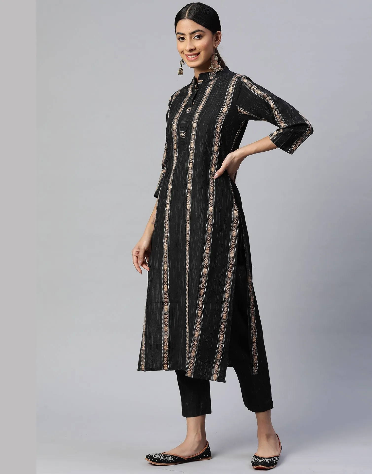 Black Cotton Printed Straight Kurti With Pant And Dupatta