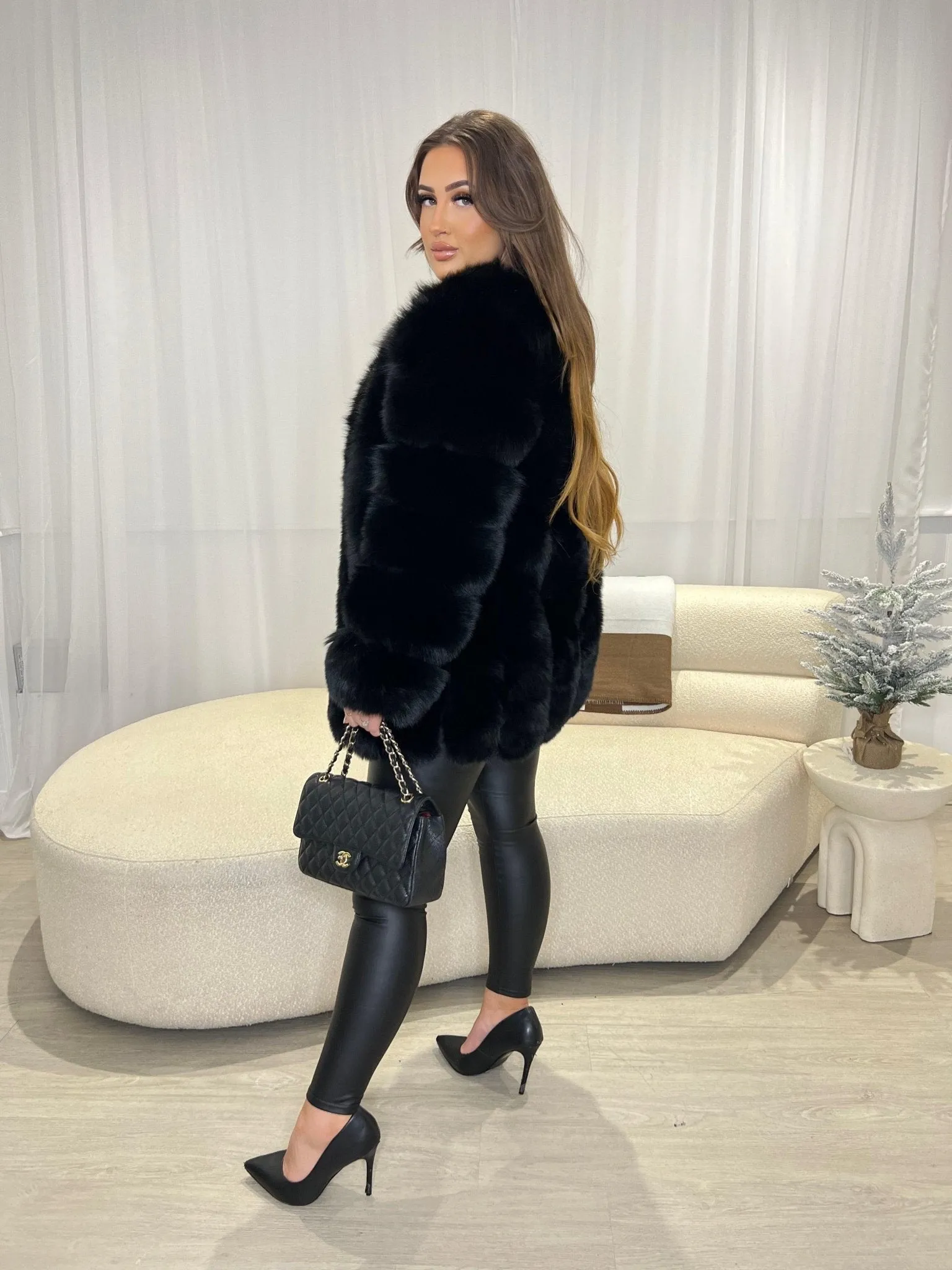 Black Luxury Fur Mid Length Coat