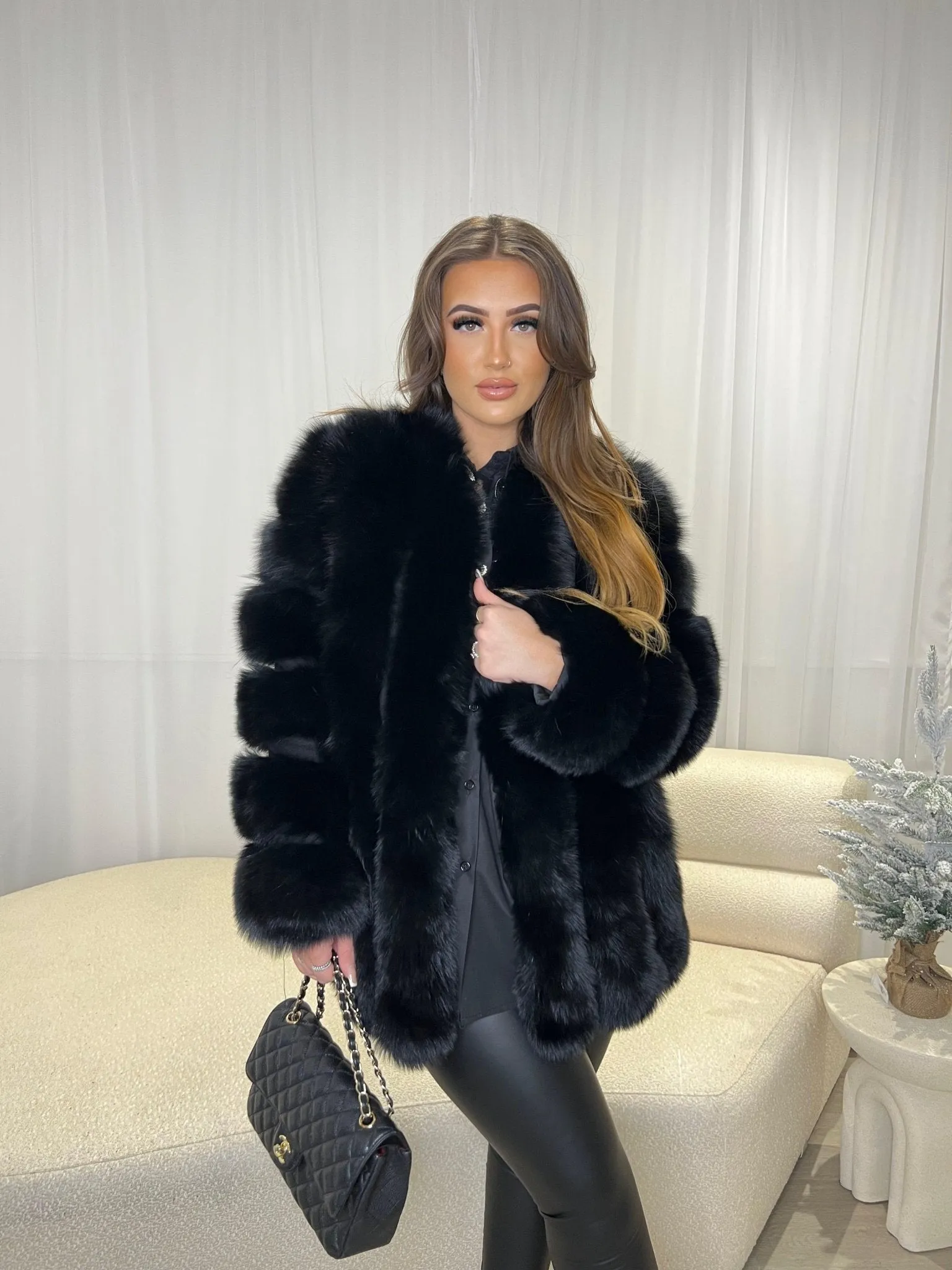 Black Luxury Fur Mid Length Coat