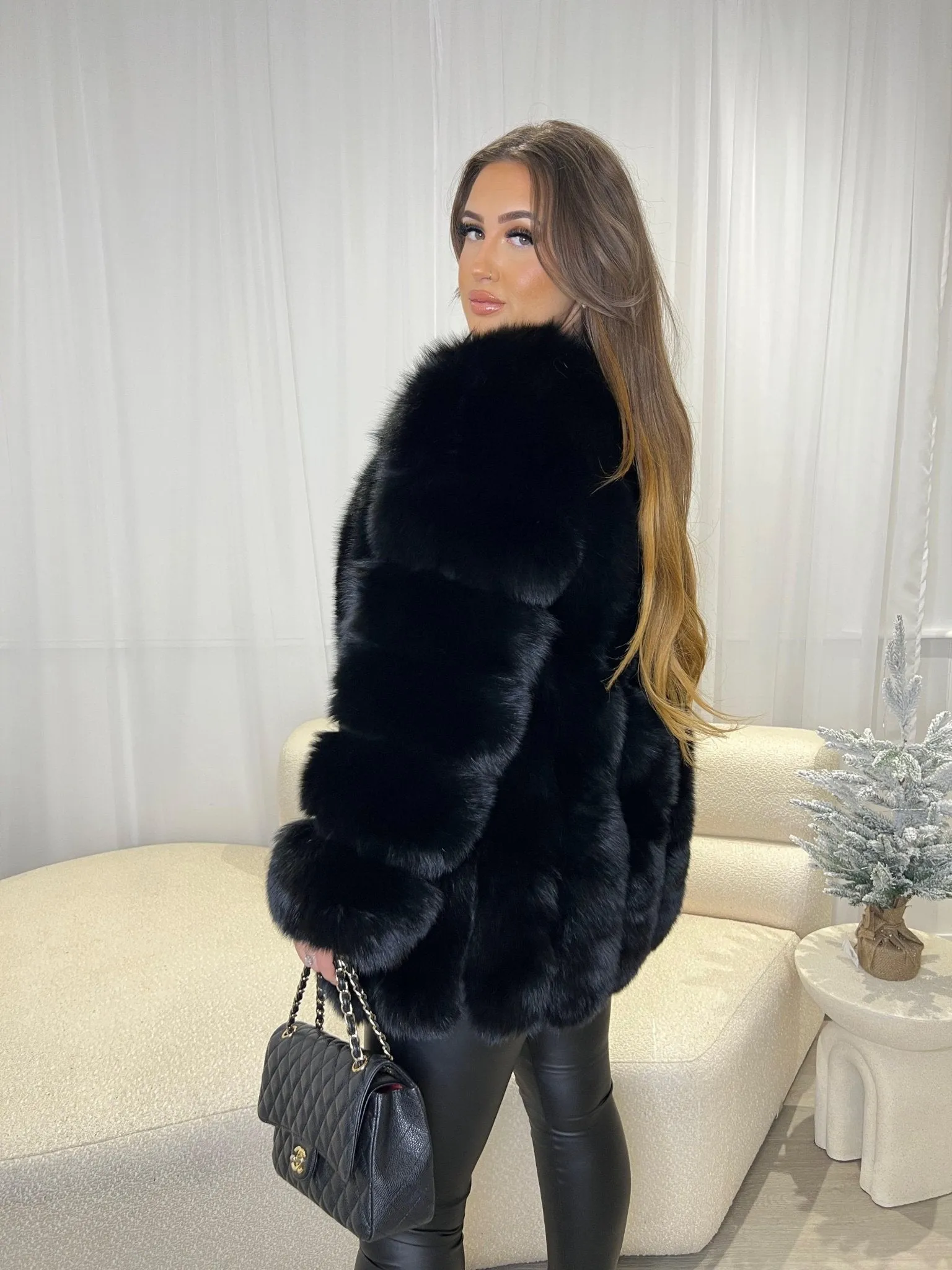 Black Luxury Fur Mid Length Coat