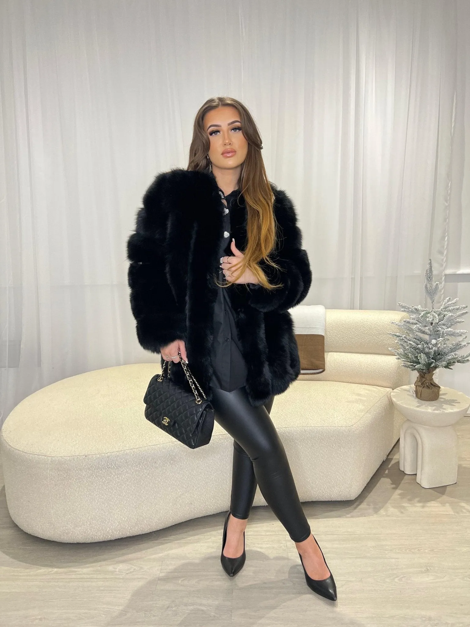 Black Luxury Fur Mid Length Coat