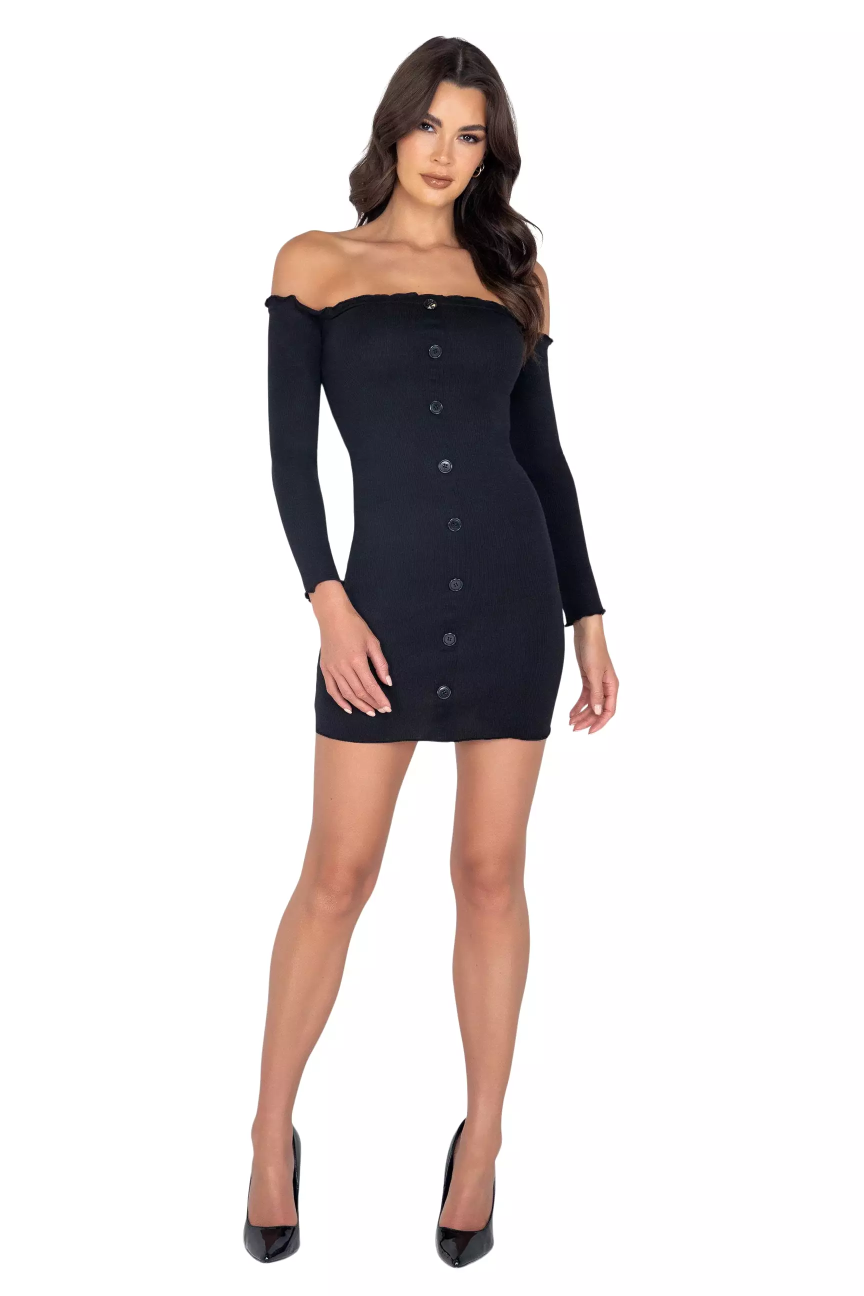 Black Ribbed Off Shoulder Mini Dress Sassy Assy Clubwear