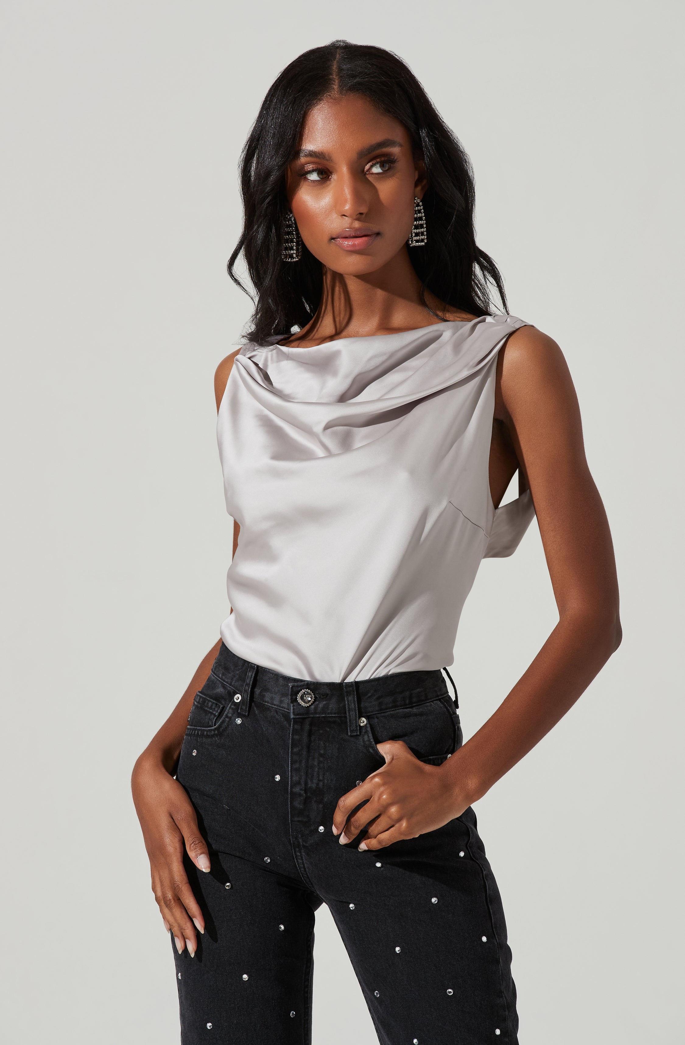 Brisia Satin Cowl Neck Rhinestone Embellished Top