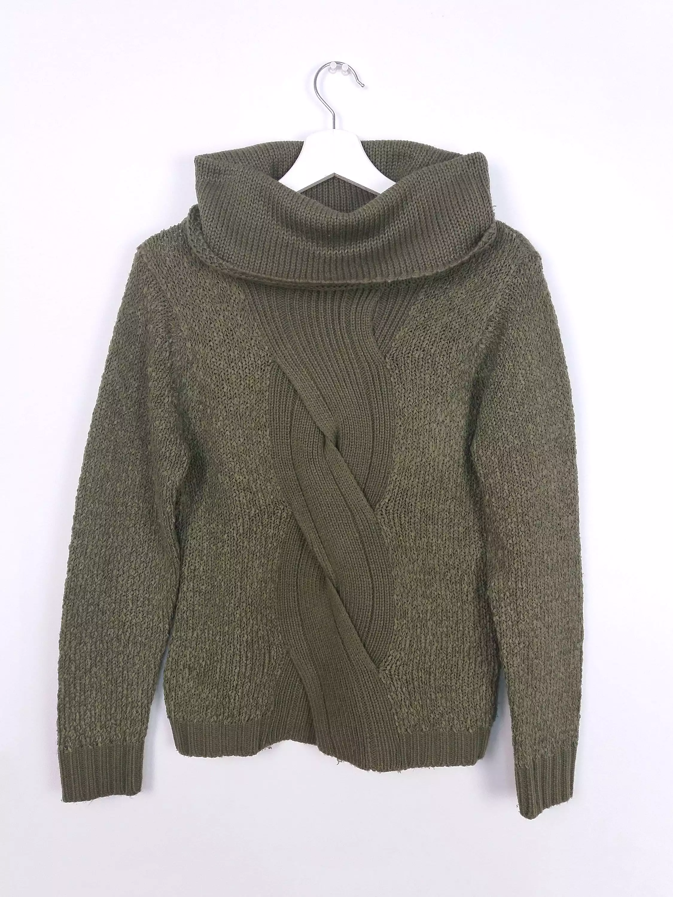 Cable Knit Large Cowl Neck Sweater Olive Green ~ size S-M