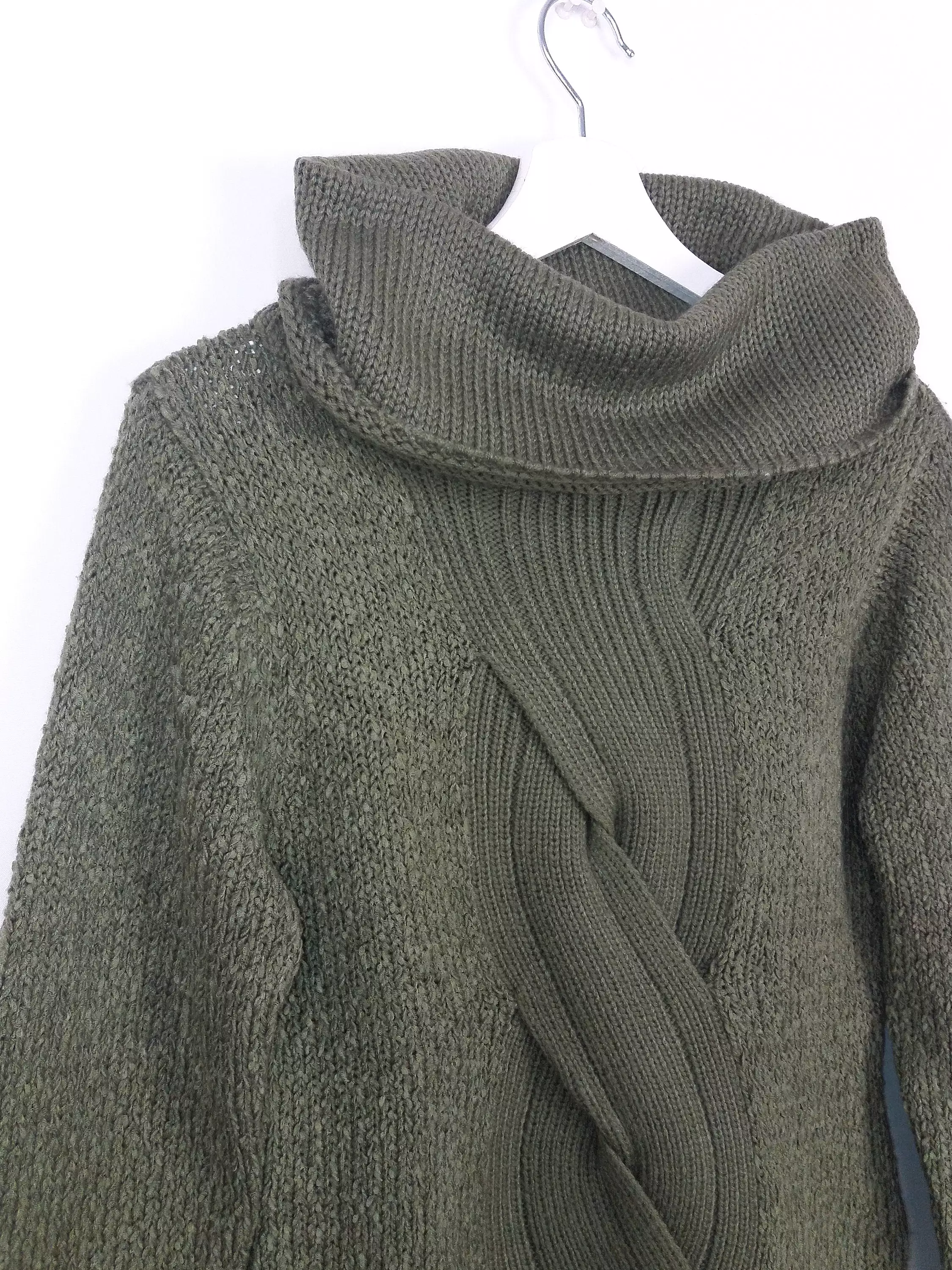 Cable Knit Large Cowl Neck Sweater Olive Green ~ size S-M