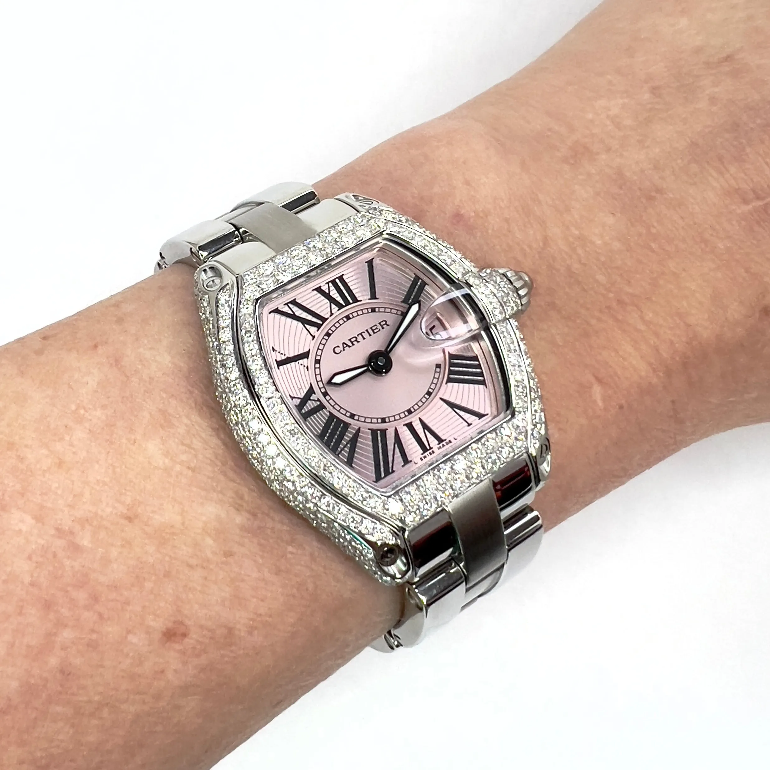 CARTIER ROADSTER Quartz Steel 31mm Pink Dial ~2.5TCW DIAMOND Watch