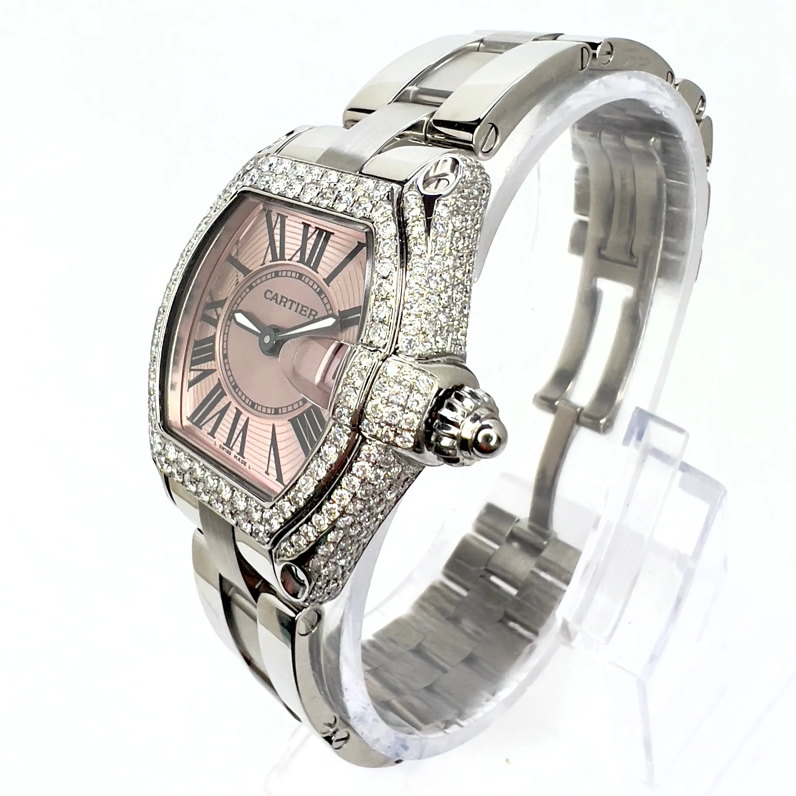 CARTIER ROADSTER Quartz Steel 31mm Pink Dial ~2.5TCW DIAMOND Watch