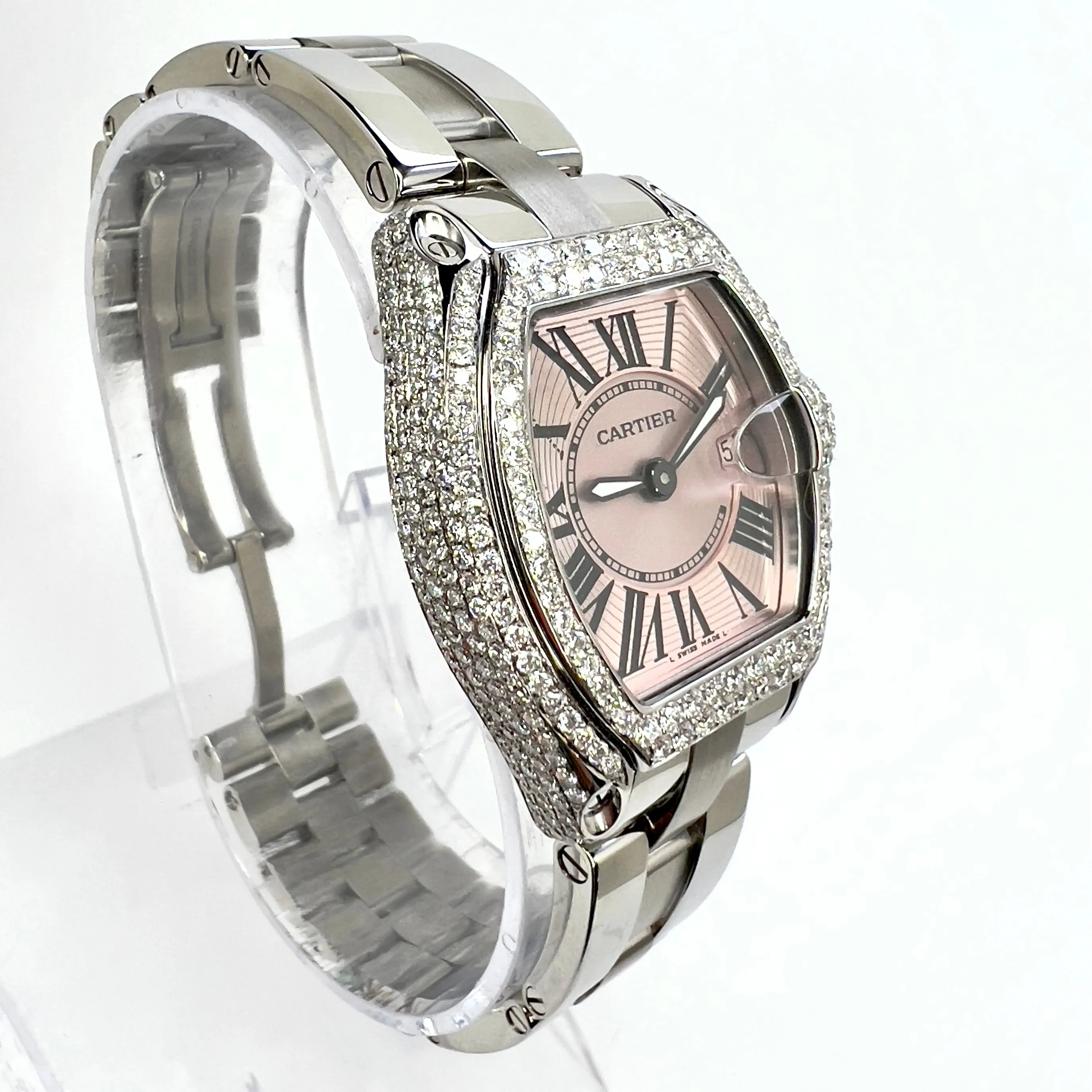 CARTIER ROADSTER Quartz Steel 31mm Pink Dial ~2.5TCW DIAMOND Watch