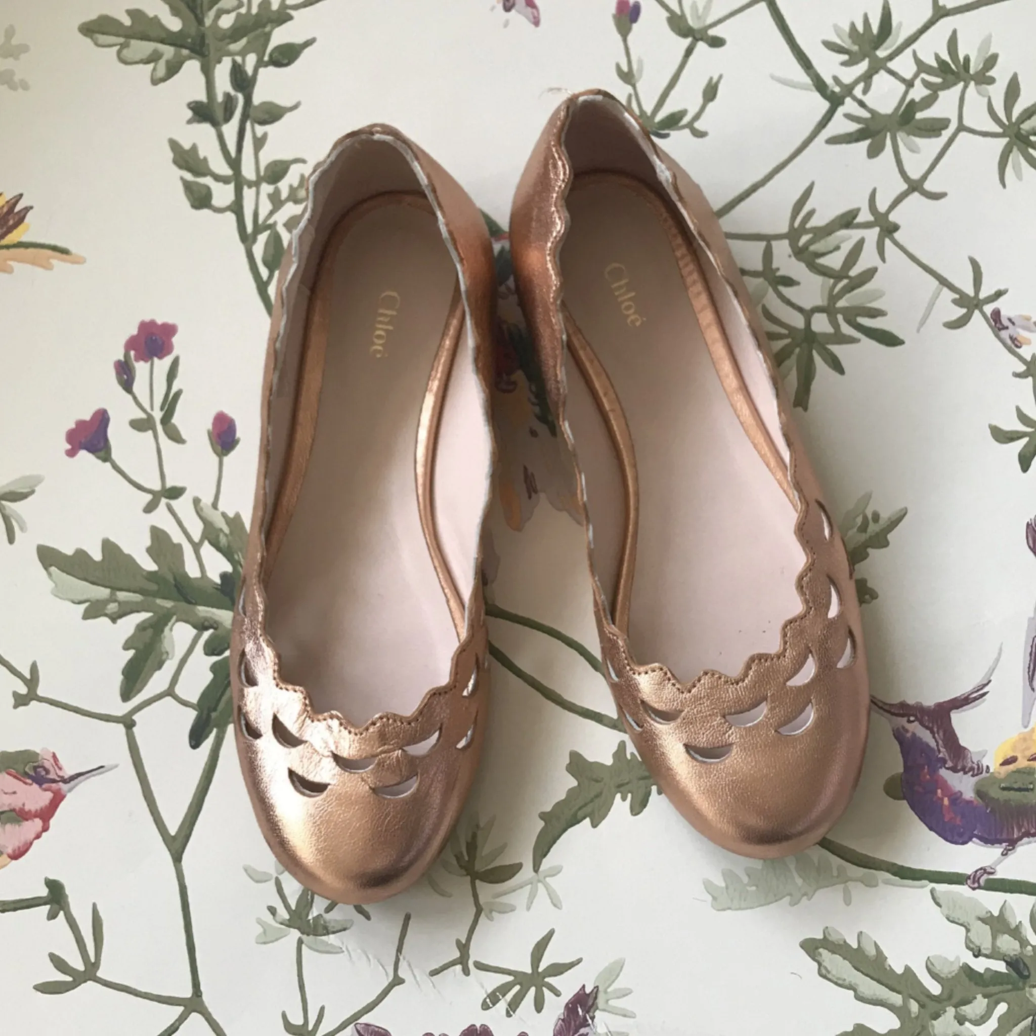 Chloé Rose Gold Ballet Pumps With Scalloped Trim: Size EU 32 & EU 33