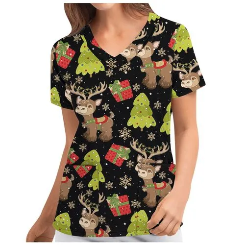 Christmas Printing Polyester V Neck Short Sleeve Regular Sleeve Printing T-shirt