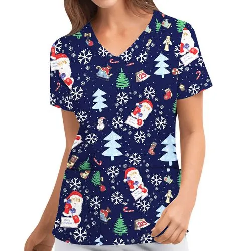 Christmas Printing Polyester V Neck Short Sleeve Regular Sleeve Printing T-shirt