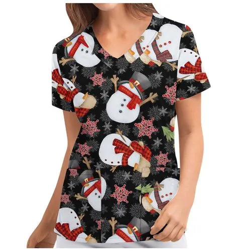 Christmas Printing Polyester V Neck Short Sleeve Regular Sleeve Printing T-shirt