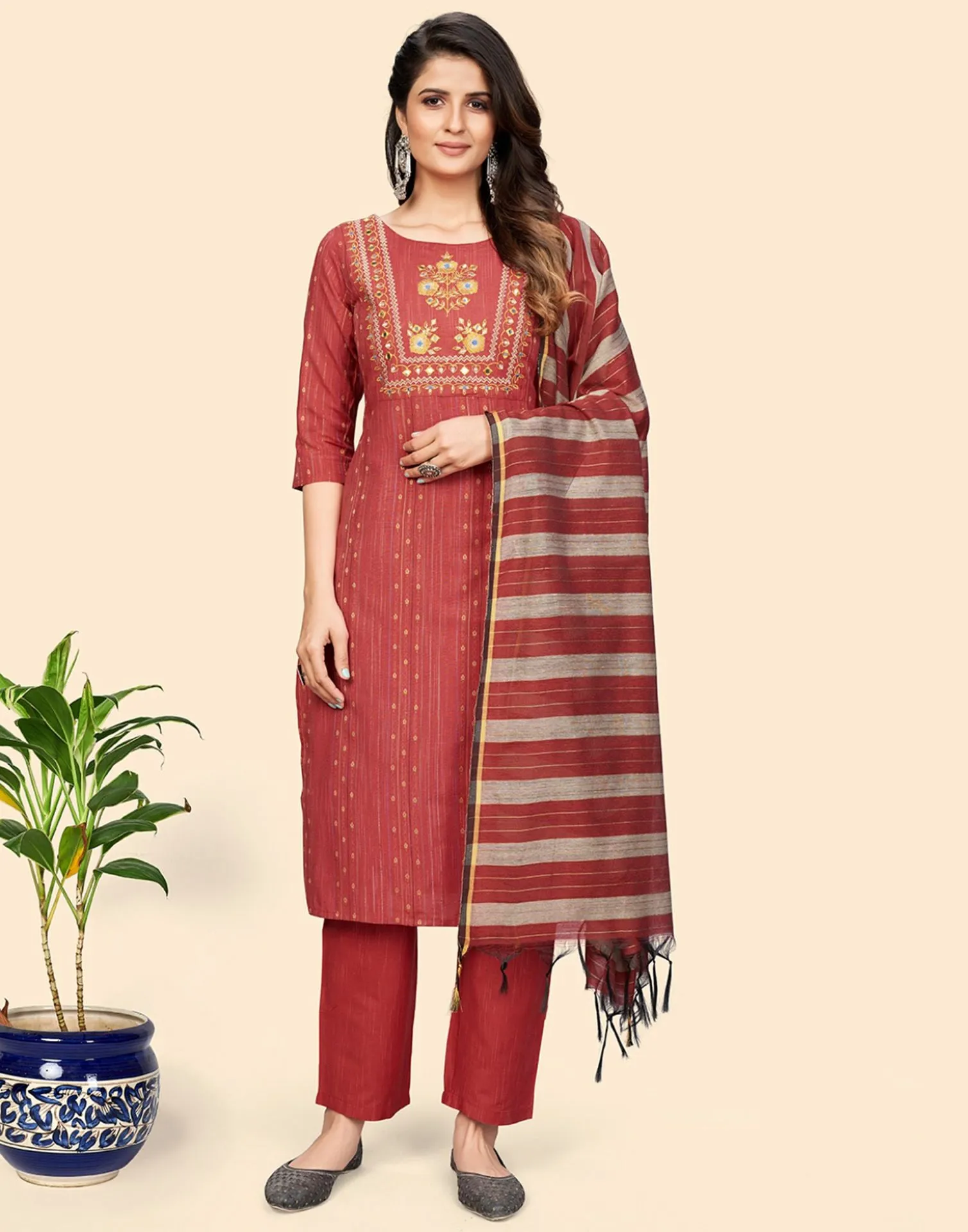 Coral Red Cotton Embroidery Straight Kurti With Pant And Dupatta