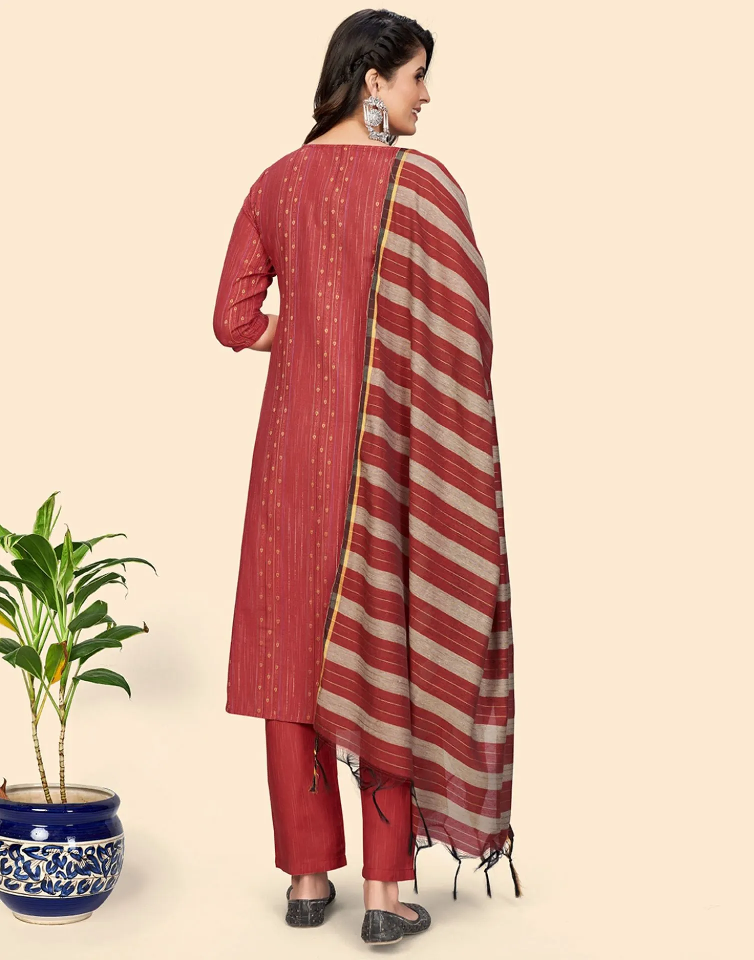 Coral Red Cotton Embroidery Straight Kurti With Pant And Dupatta