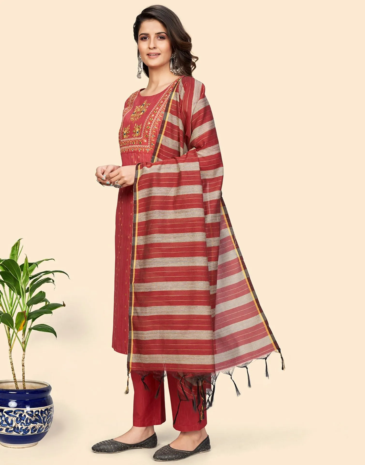 Coral Red Cotton Embroidery Straight Kurti With Pant And Dupatta