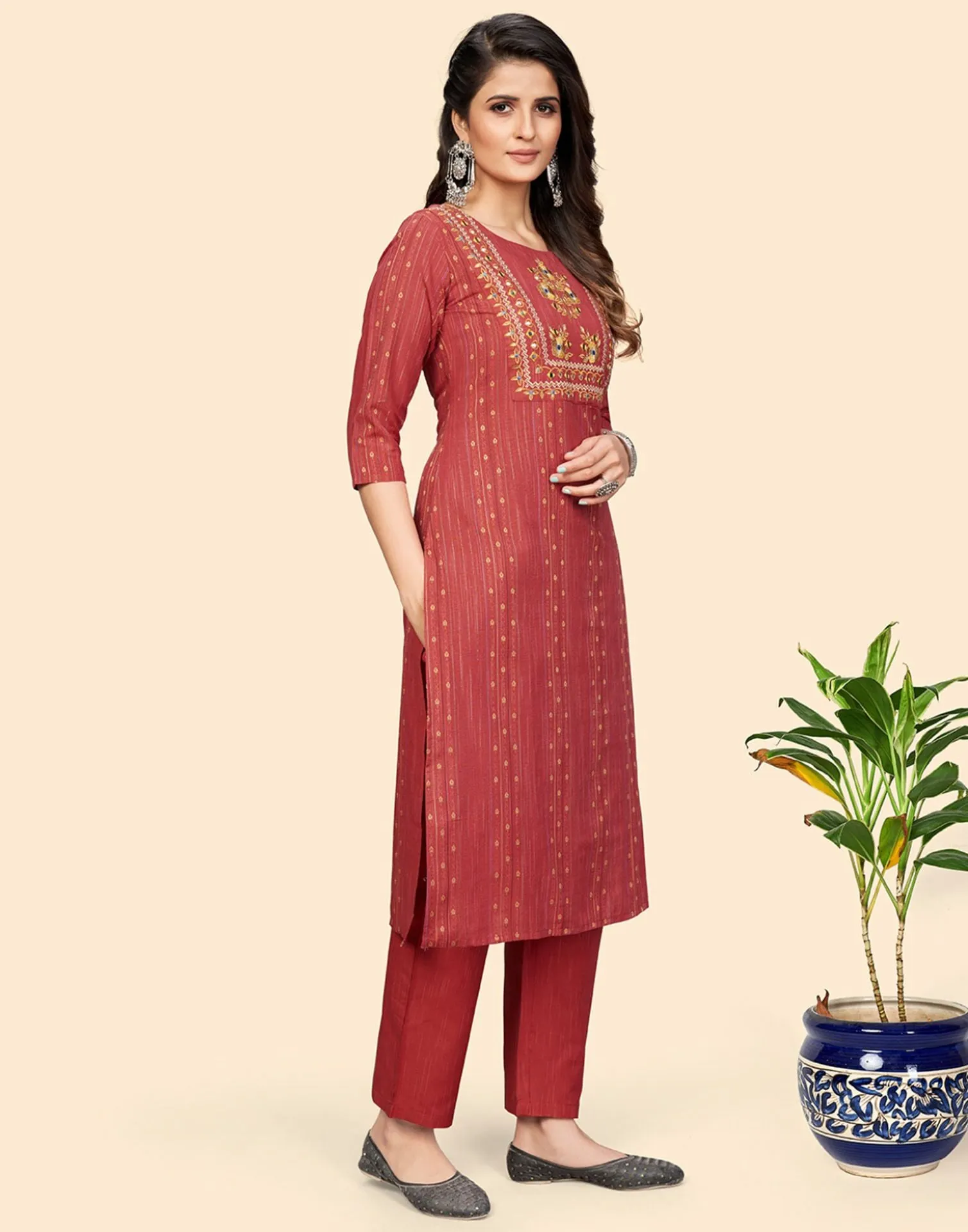 Coral Red Cotton Embroidery Straight Kurti With Pant And Dupatta