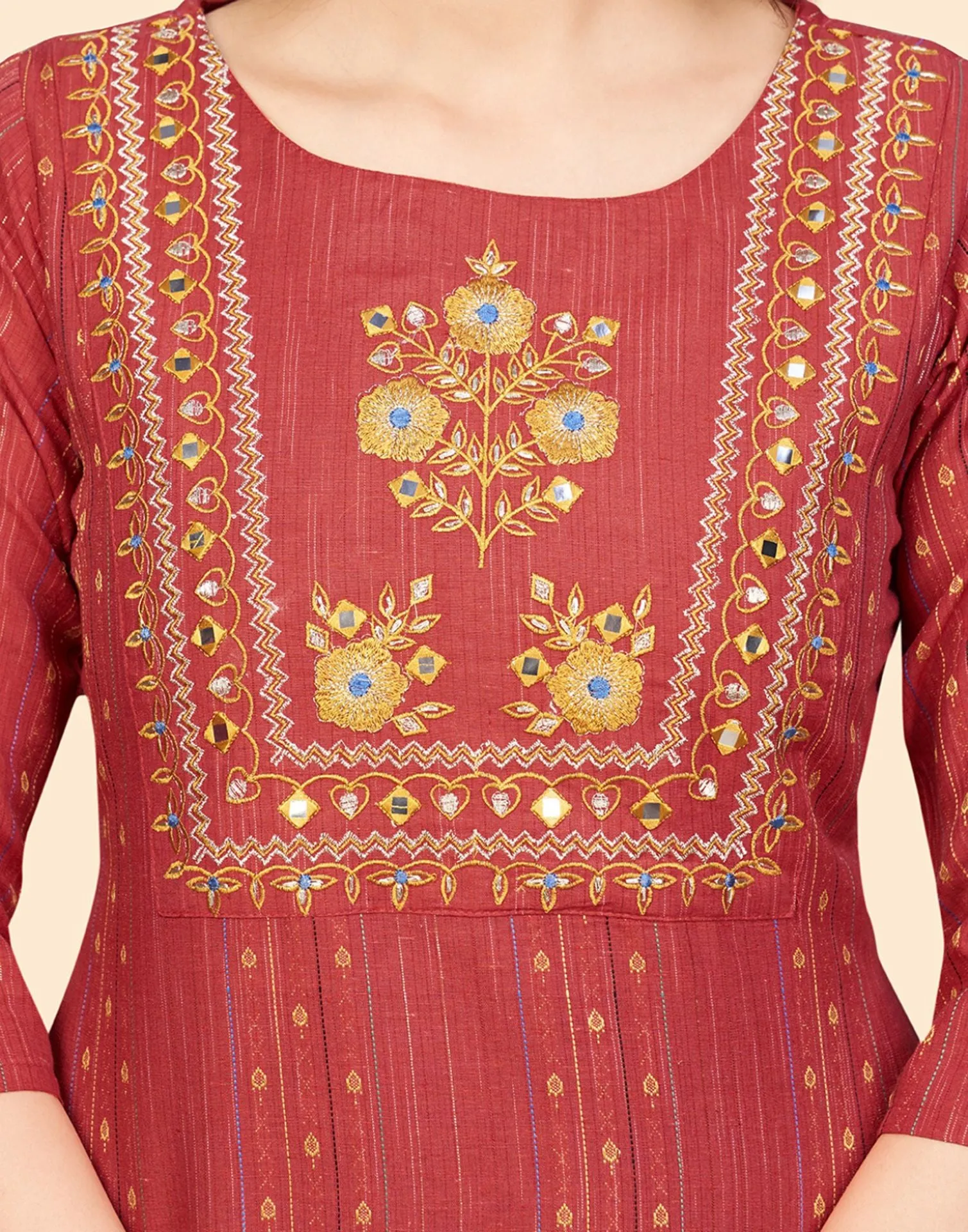 Coral Red Cotton Embroidery Straight Kurti With Pant And Dupatta