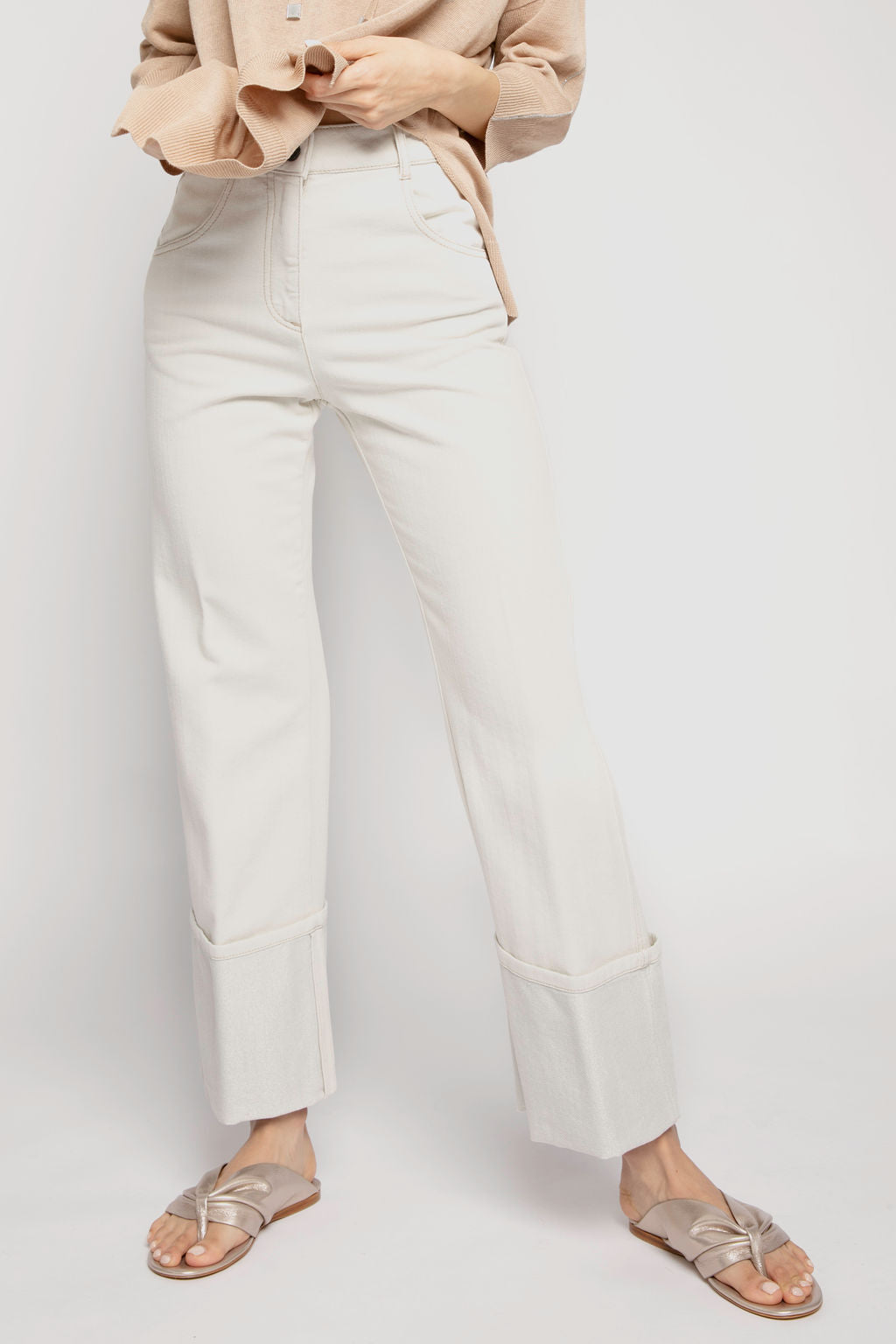 Cotton Pant with Lurex Cuffs in Parchment