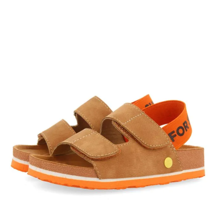 Courgis boys tan footbed sandals with orange details and text