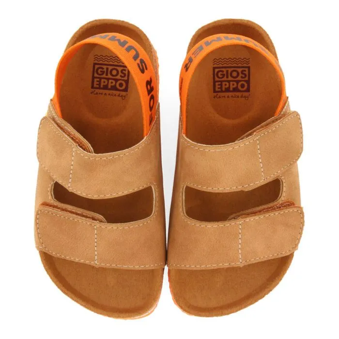 Courgis boys tan footbed sandals with orange details and text