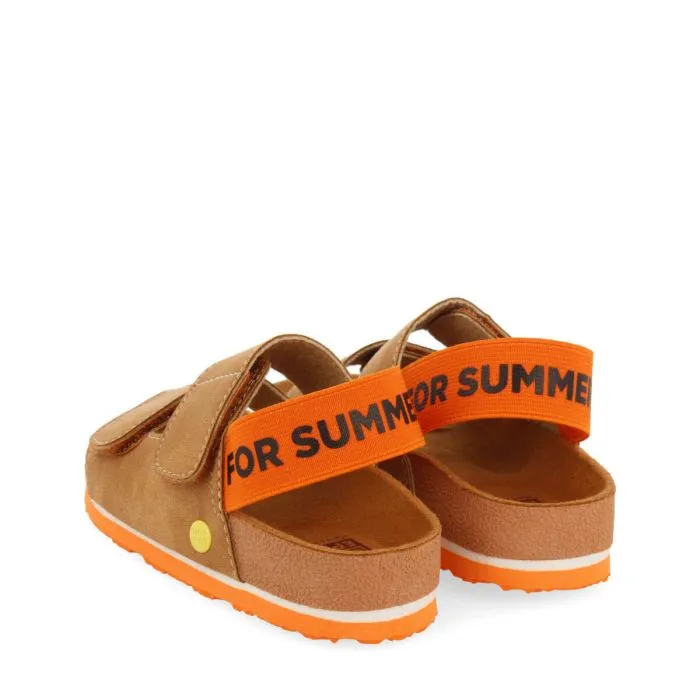 Courgis boys tan footbed sandals with orange details and text