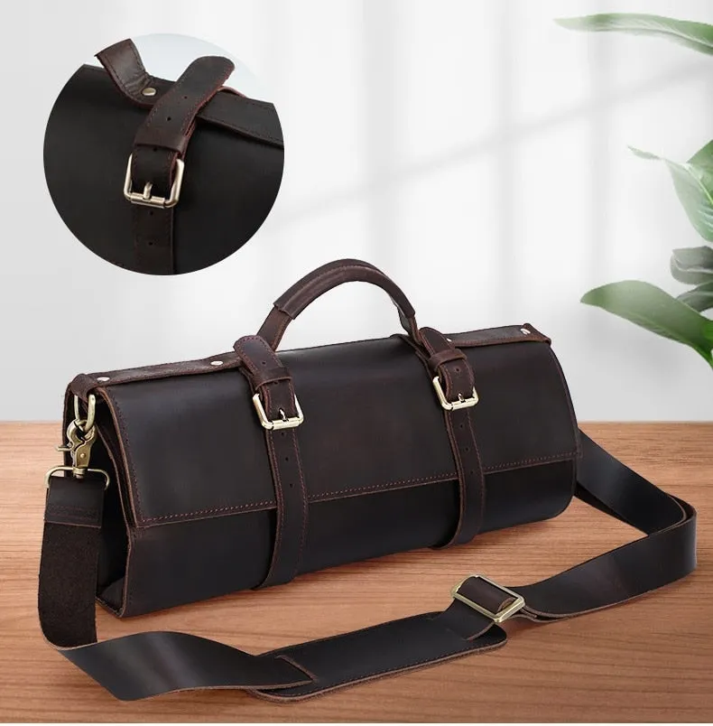 COW LEATHER CHEF KNIFE BAG CANVAS ROLL BAG CARRY CASE BAG - KITCHEN TOOL