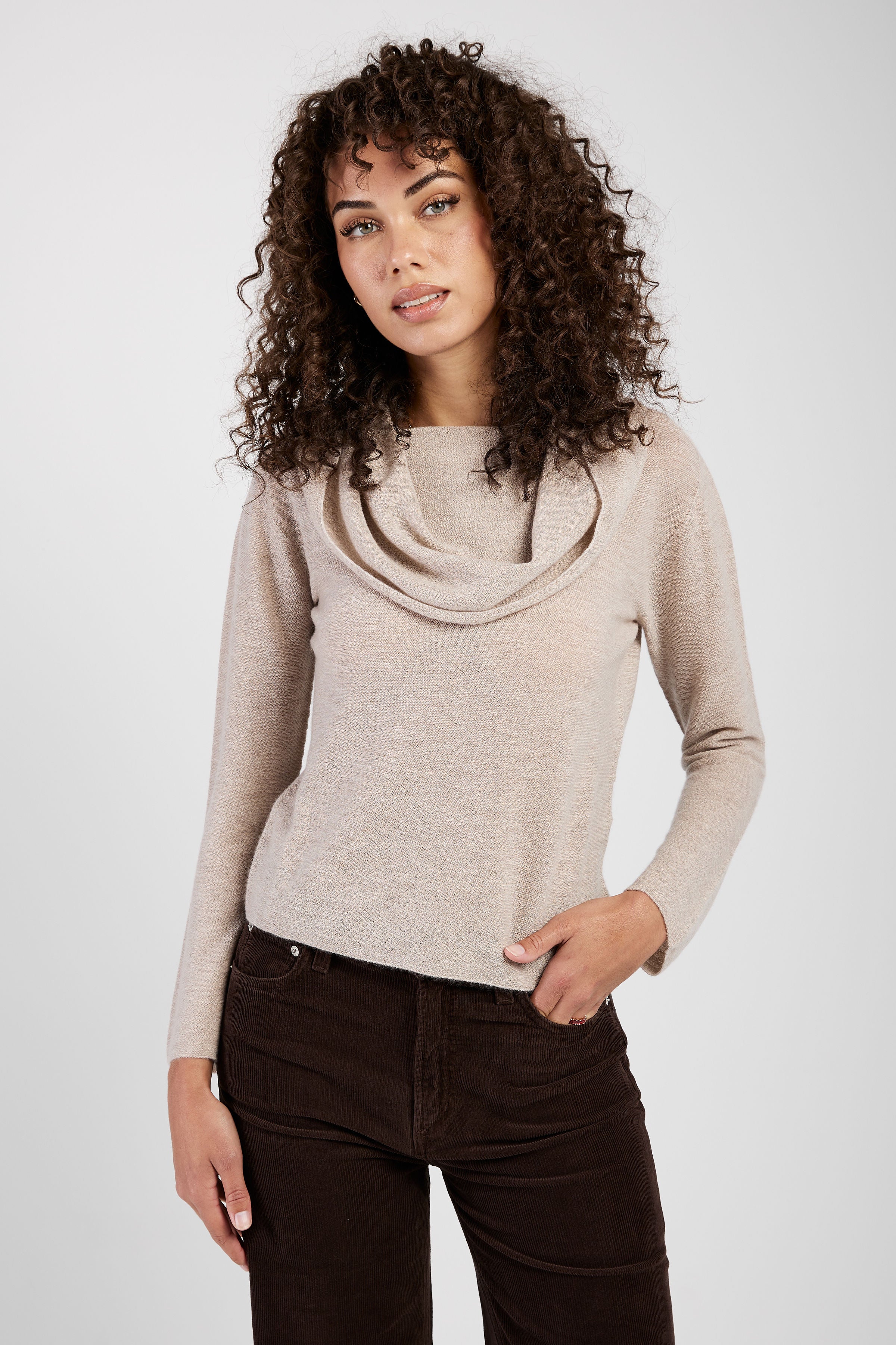 Cowl Neck Cashmere Sweater in Beige