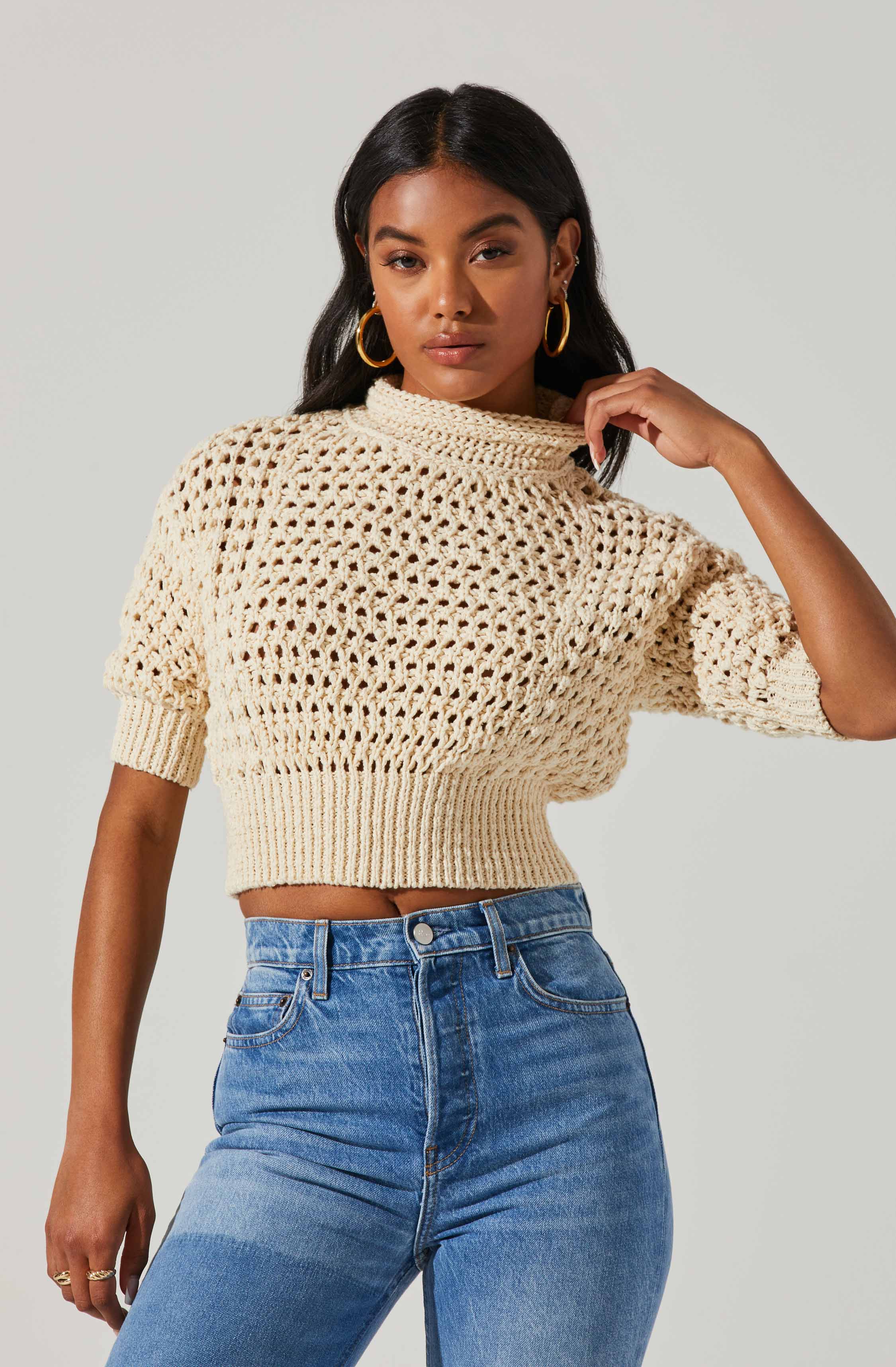 Crochet Boxy Cowl Neck Sweater