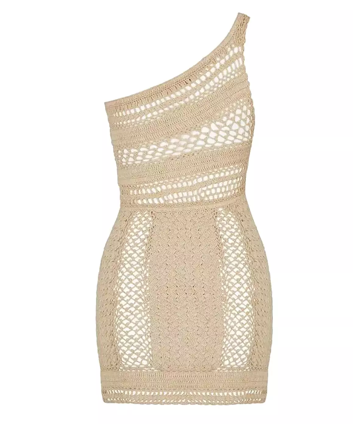 Crochet One Shoulder Mini Dress In Beige