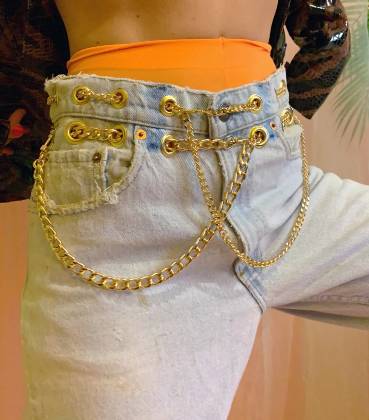 Custom double extra chain belt jeans