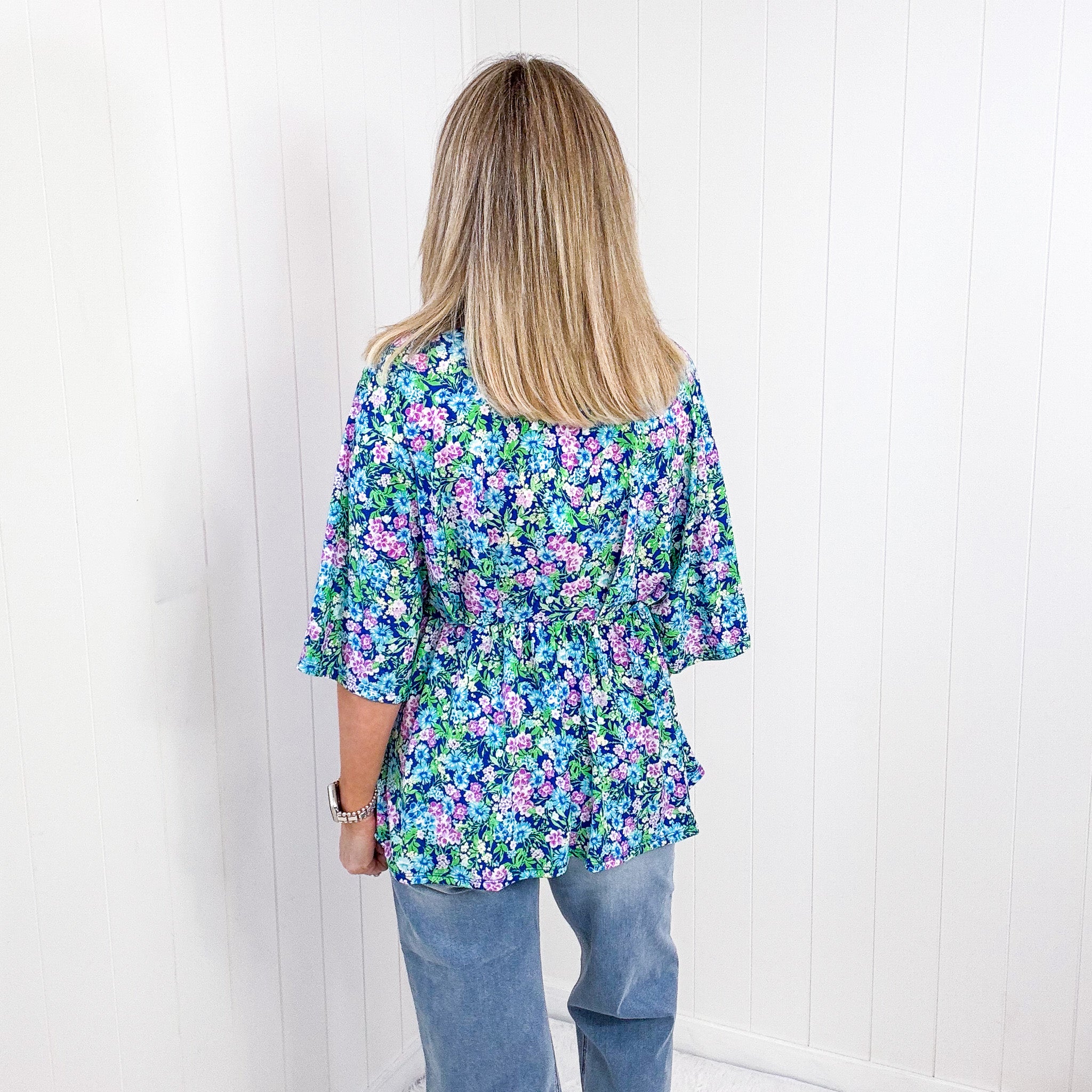 Dear Scarlett Dreamer Peplum Top in Navy and Mint Floral