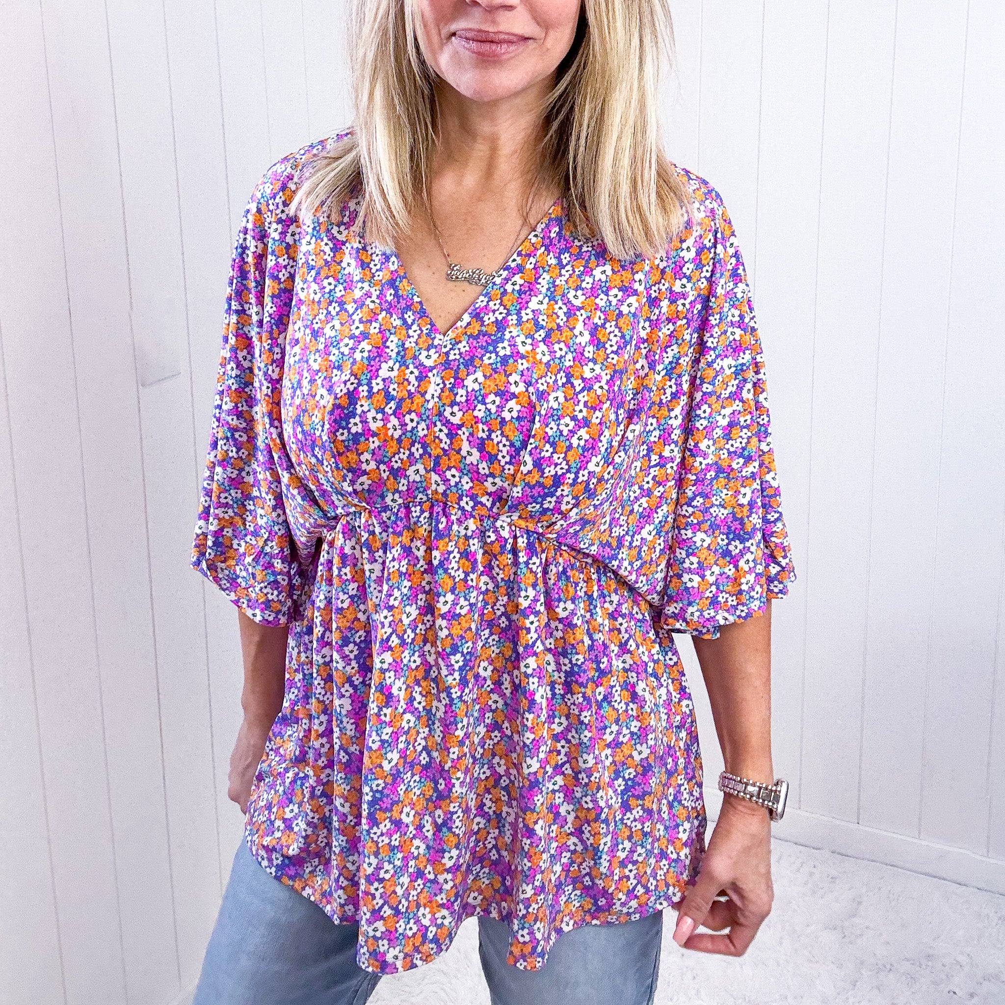 Dear Scarlett Dreamer Peplum Top in Purple Retro Ditsy Floral