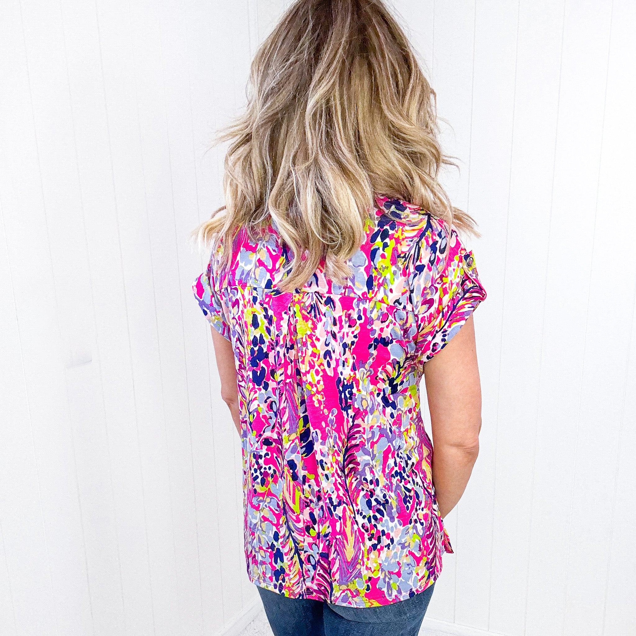 Dear Scarlett Lizzy Cap Sleeve Top in Pink Abstract Floral