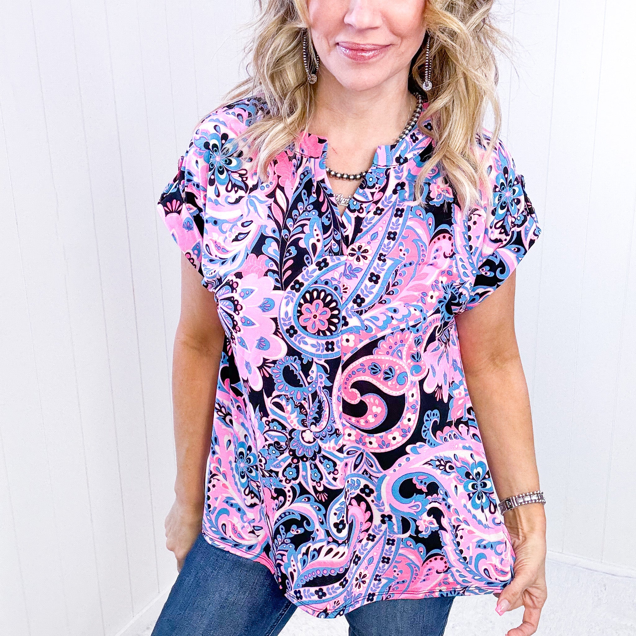 Dear Scarlett Lizzy Cap Sleeve Top in Pink and Black Paisley