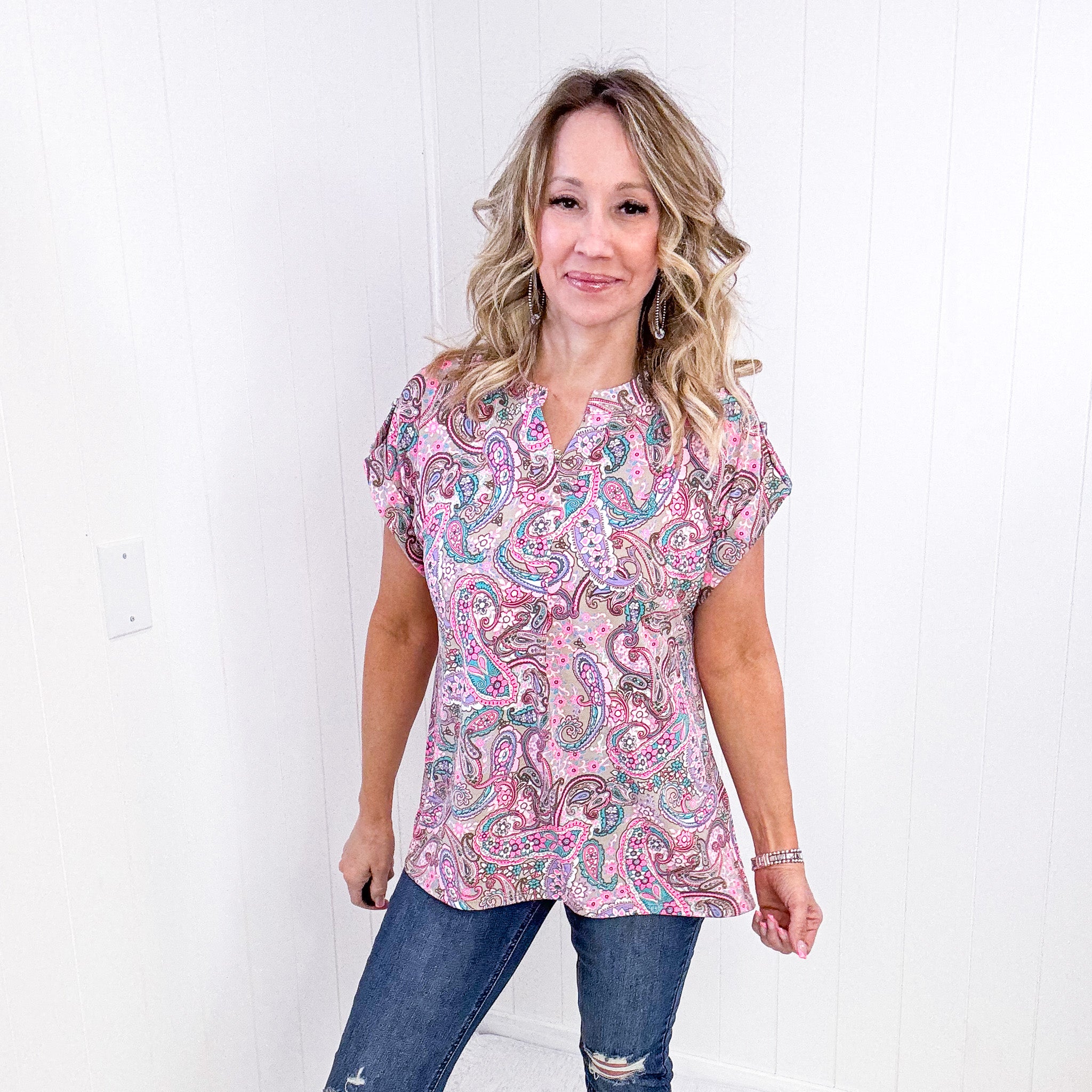 Dear Scarlett Lizzy Cap Sleeve Top in Pink Multi Paisley