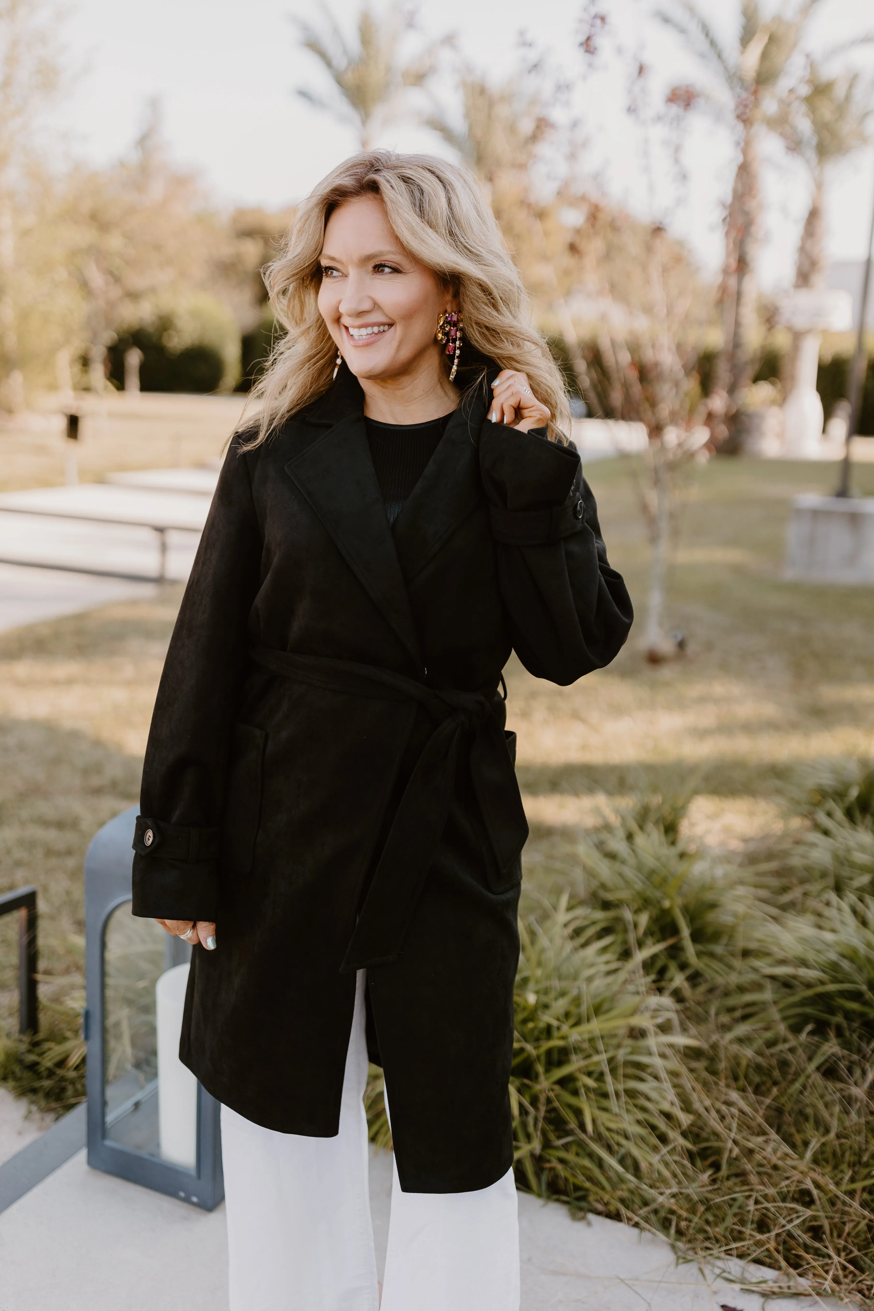 Dolce Cabo Black Faux Suede Wrap Trench Coat