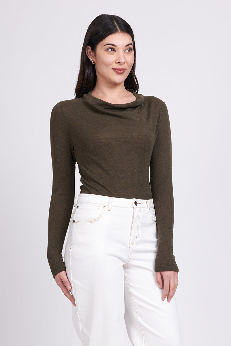 Foil - Holy Cowl Neck Merino Top - Khaki