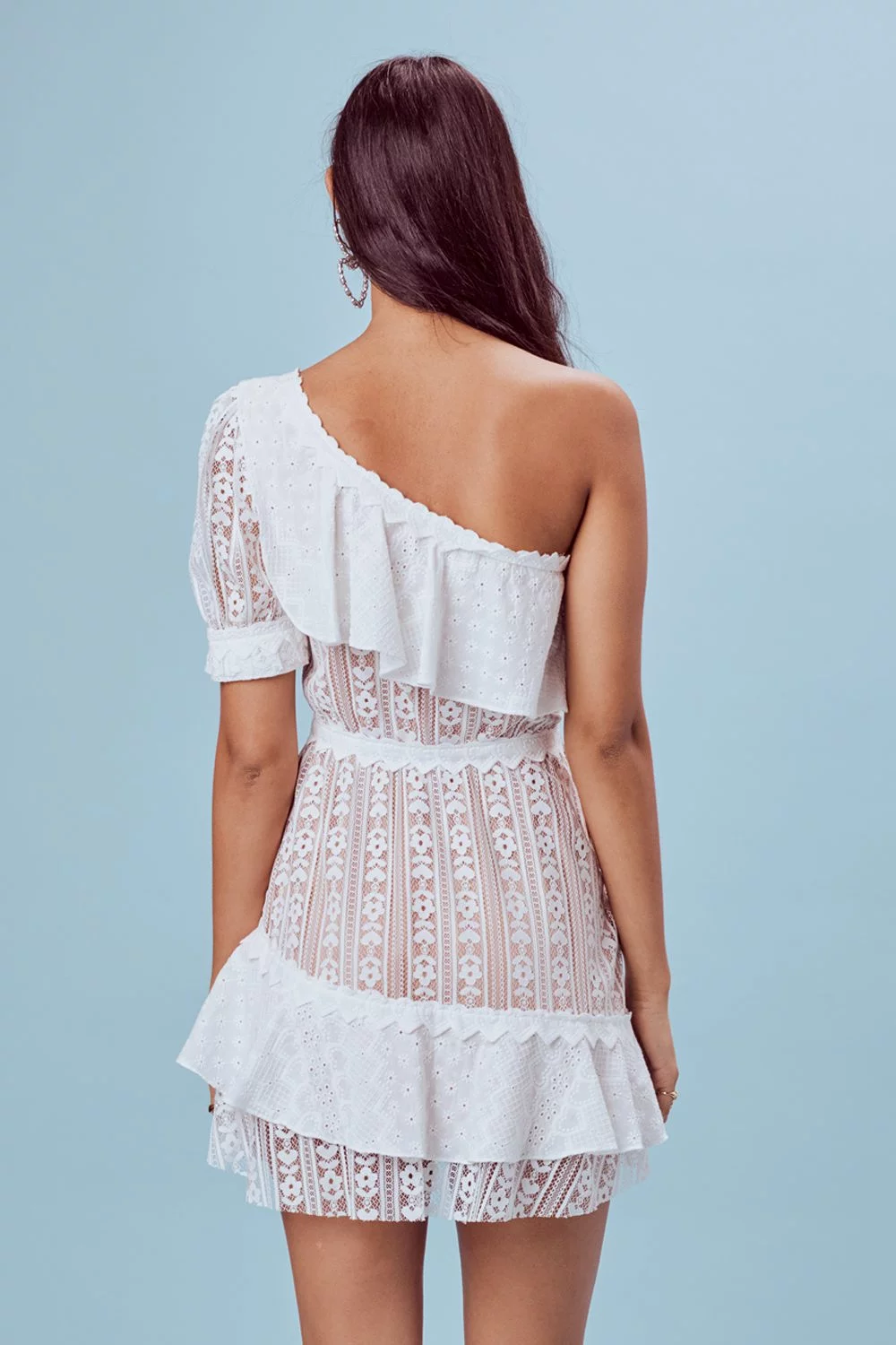 For Love and Lemons Lovebird Lace One Shoulder Mini Dress