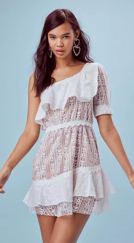 For Love and Lemons Lovebird Lace One Shoulder Mini Dress