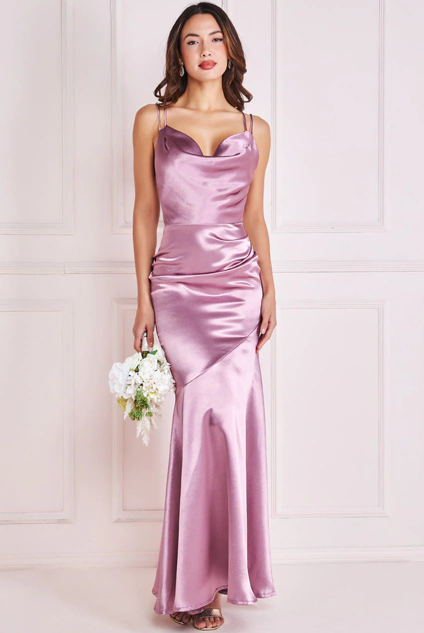 Goddiva Satin Cowl Neck With Strappy Back Maxi