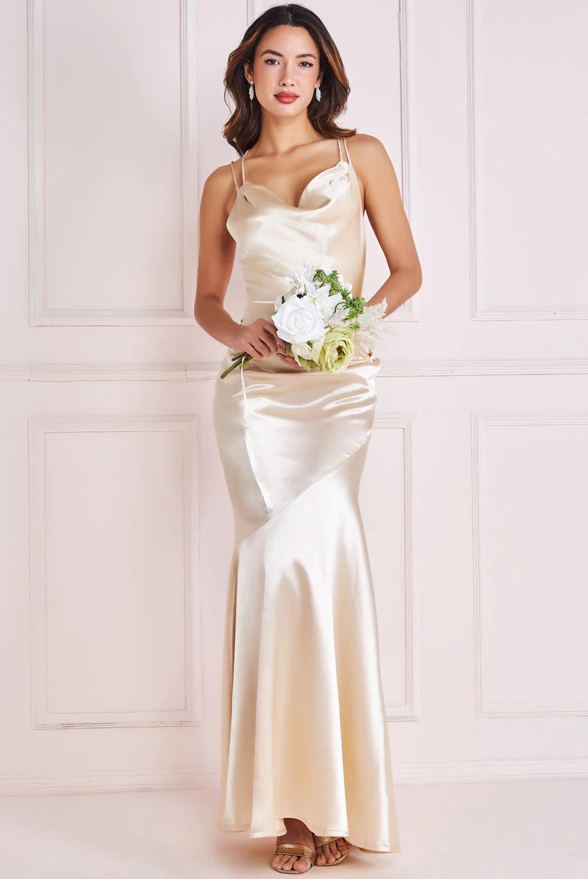 Goddiva Satin Cowl Neck With Strappy Back Maxi